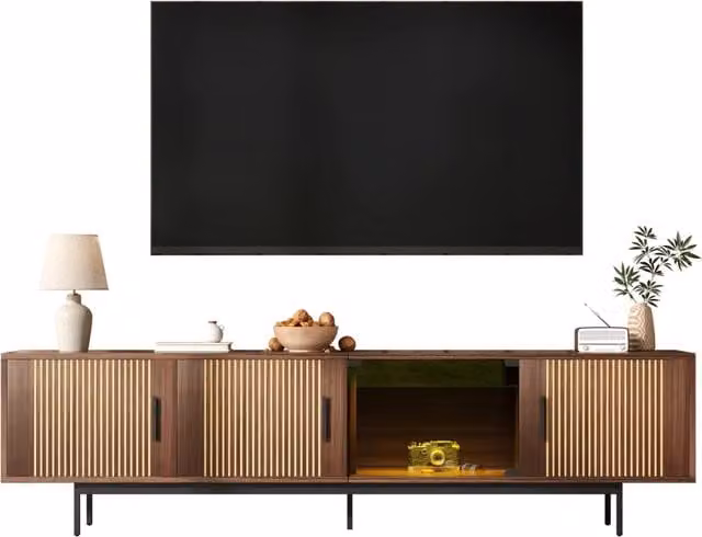 Mobile TV con texture intagliata, barra LED e anta in vetro temperato