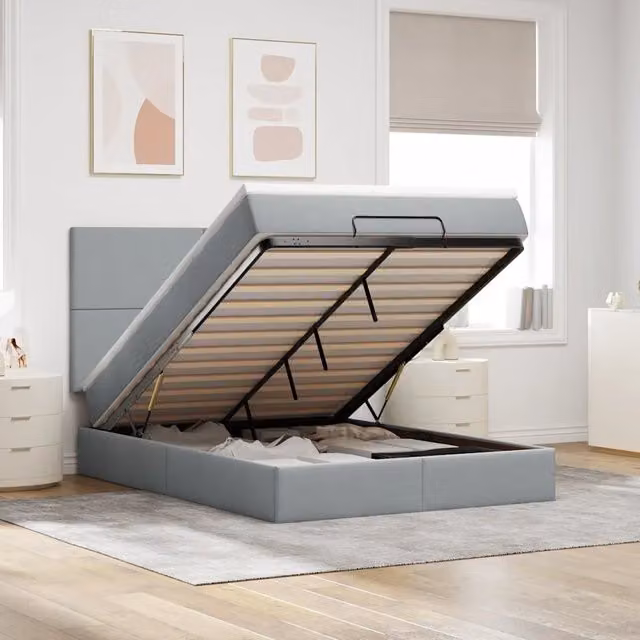 Letto con contenitore a sollevamento e materasso ibrido vidaXL in tessuto grigio e bianco L: 140 cm, P: 190 cm, H: 128 cm