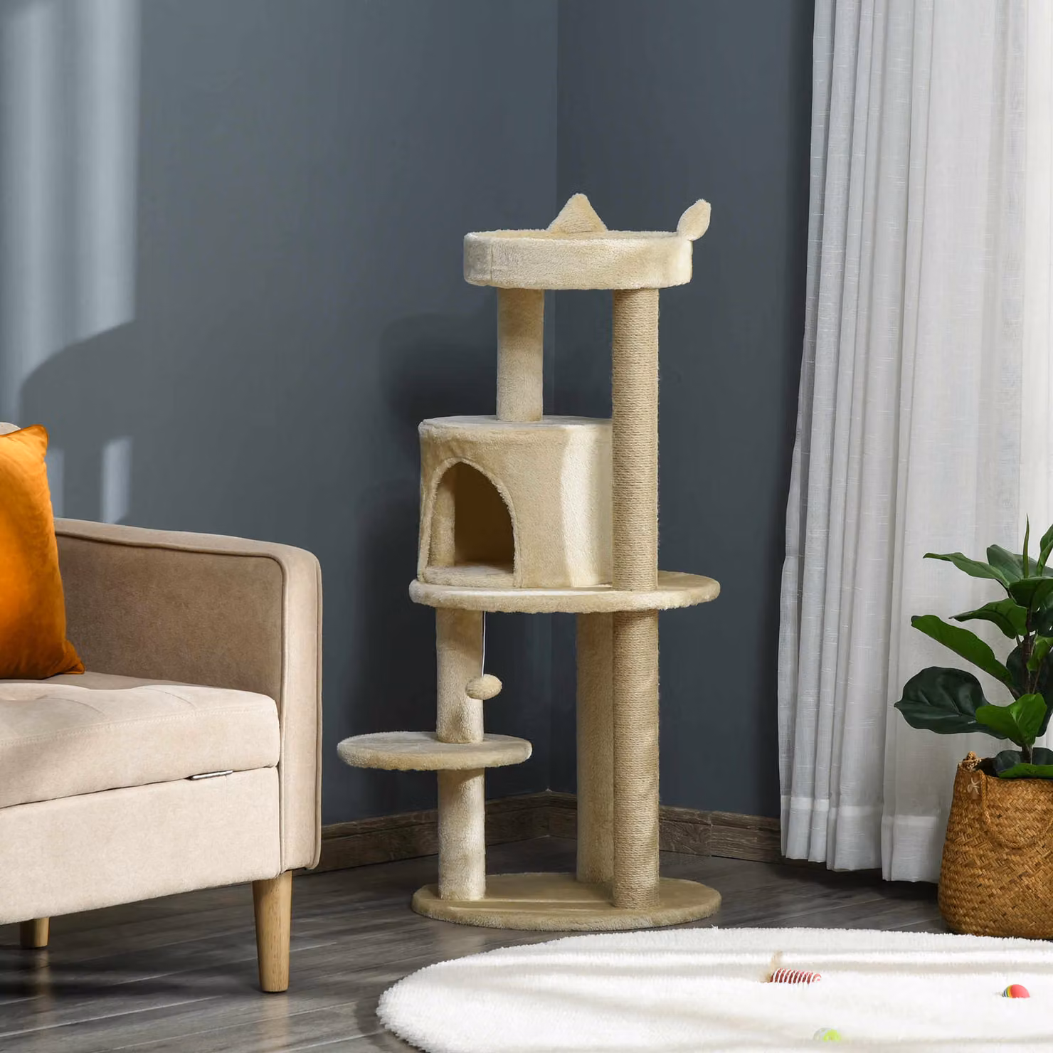 Albero Tiragraffi PawHut per Gatti Adulti con Cuccia e Piattaforma in Sisal, Bianco Crema, Altezza: 104 cm – 2