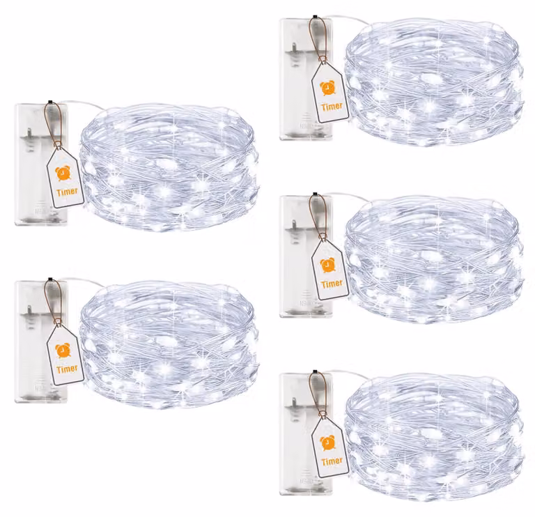Catena luminosa a LED, 2 metri, 20 LED, con timer, luce bianca fredda, confezione da 5 pezzi