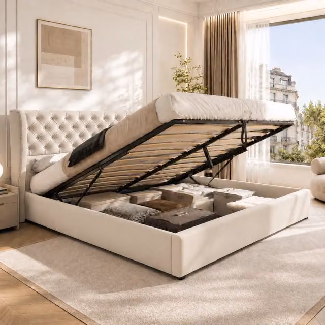 Letto imbottito matrimoniale a orecchio 160x200 cm in velluto con bottoni, sollevamento idraulico, rete a doghe e contenitore - Beige