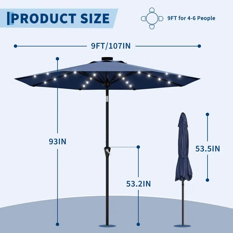 Ombrellone solare a LED - 270 cm - Ombrellone per terrazza e giardino - Illuminazione a LED alimentata a energia solare - Manovella - Funzione di inclinazione - 8 stecche - Blu navy
