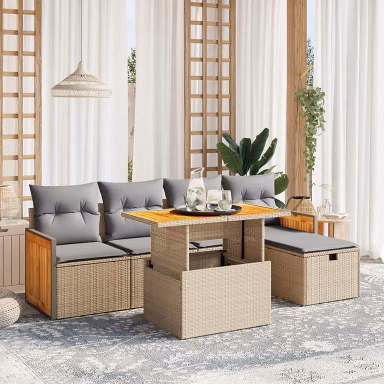 vidaXL Set Divano da Giardino a L composto da 6 pezzi con Cuscini Beige e Tavolino, Struttura in Metallo e Legno di Acacia