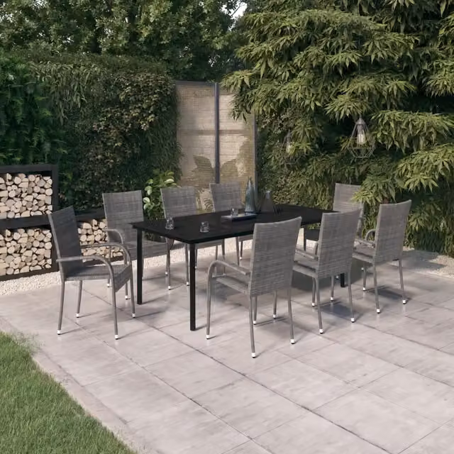 Set da pranzo da giardino vidaXL in polyrattan con tavolo in vetro e 9 pezzi in grigio e nero