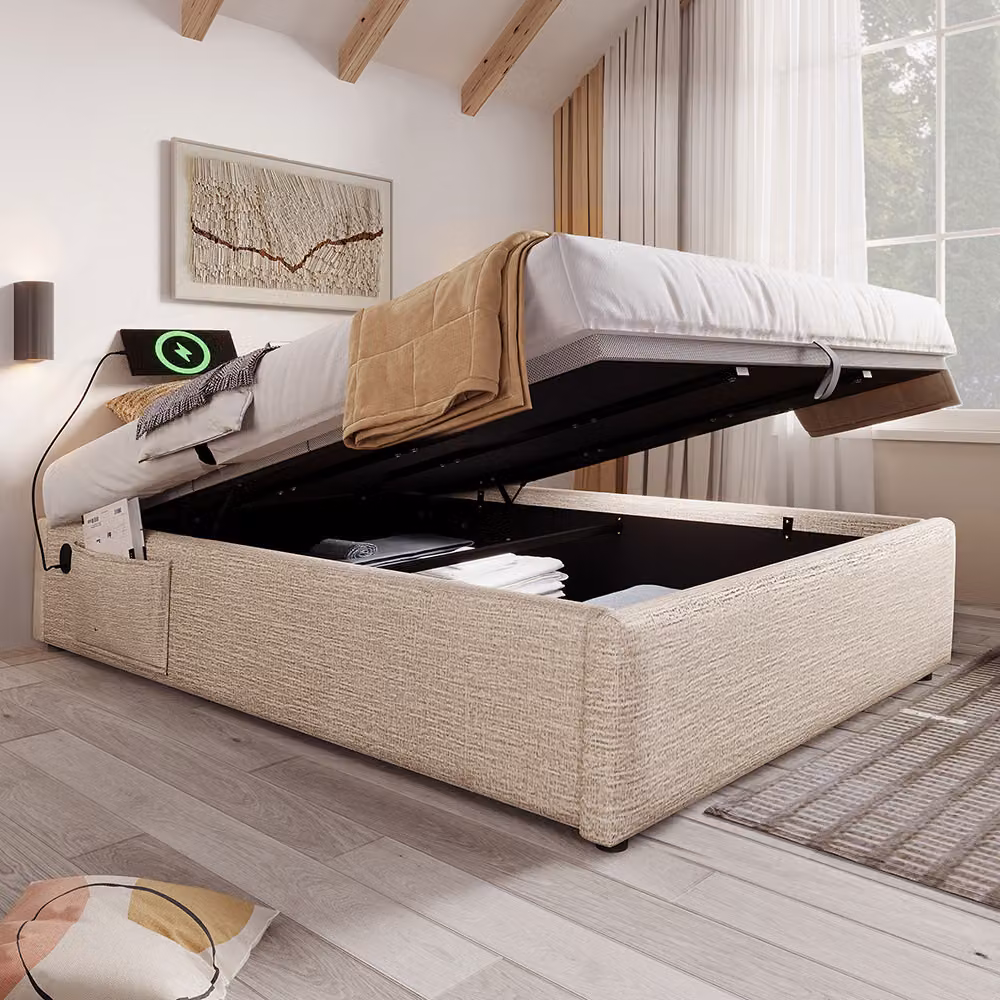 Letto imbottito Sweiko, letto matrimoniale 140×200 cm, letto contenitore, struttura letto con USB-C e rete a doghe a superficie intera, senza testata, lino, naturale, senza materasso