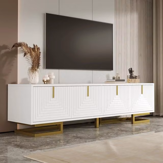 Mobile TV MODFU moderno con 4 ante, finitura bianca e dettagli oro, Larghezza: 160 cm