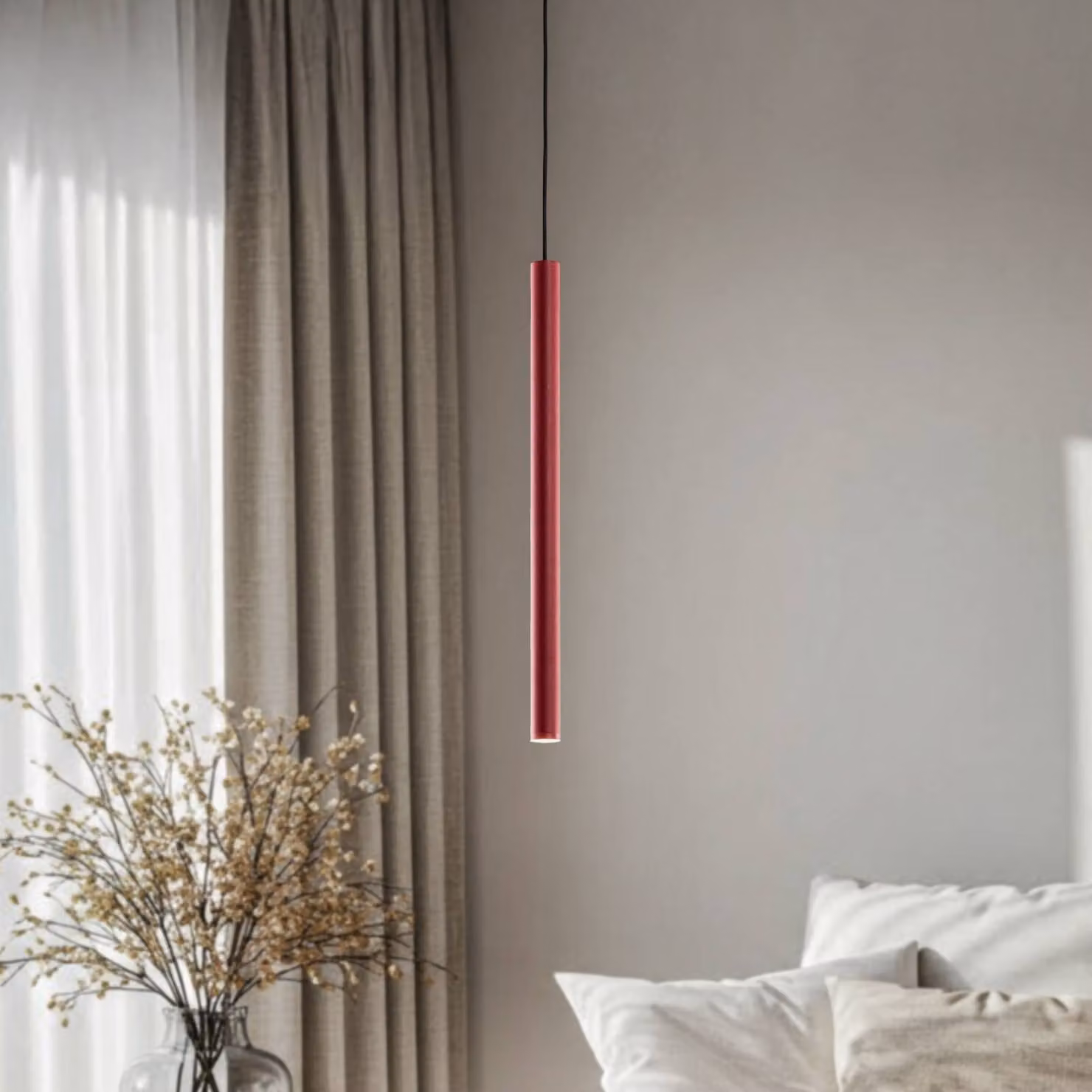 Lampada LED a sospensione Rulo, rossa, Ø 3,2 cm, acciaio, 3000 K Rulo Argon, Rosso, Soggiorno / Sala da pranzo, Metallo