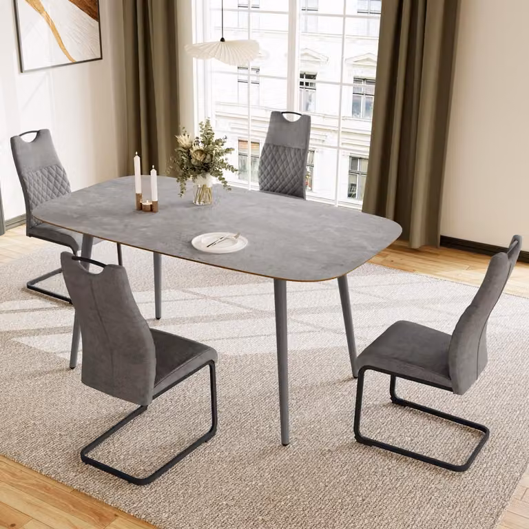 Tavolo da pranzo con 4 sedie, struttura in legno MDF e metallo, colore grigio, dimensioni 120 cm