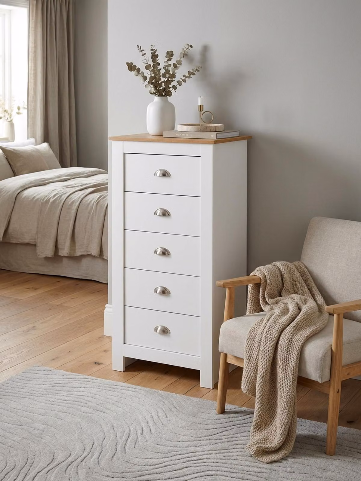 Credenza con 5 cassetti 53x114x39 cm Comò bianco / rovere Moderno, design Credenza alta e stretta, cassettiera Soggiorno