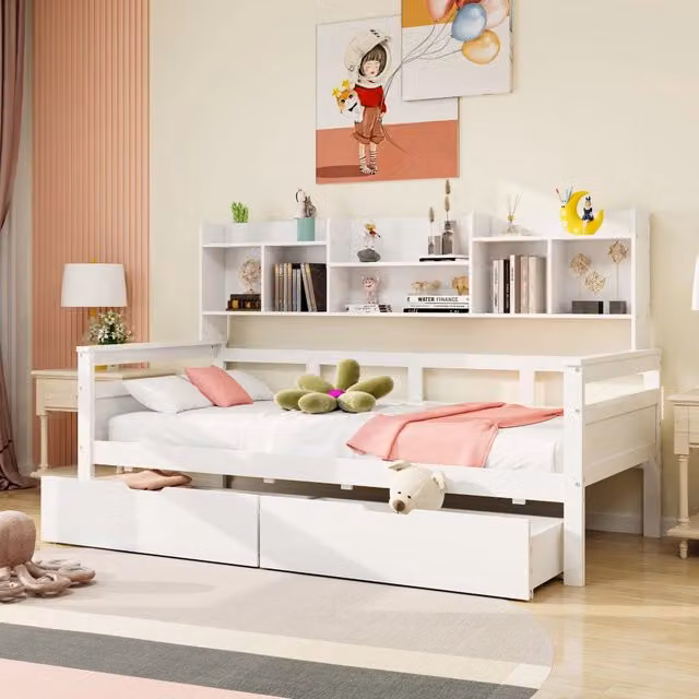 Letto divano singolo OKWISH bianco con 2 cassetti e ripiani, L/P/H: 205 x 90 x 96 cm