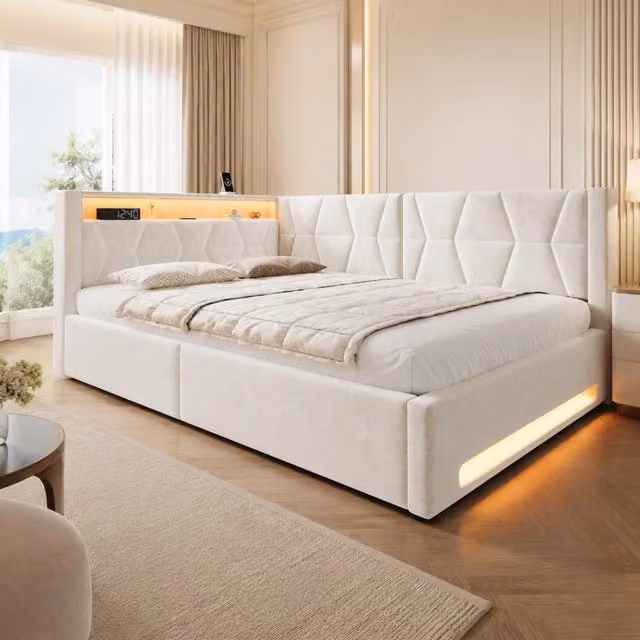 Letto imbottito 140 × 200 cm con contenitore idraulico in metallo e velluto beige con LED USB e Type-C