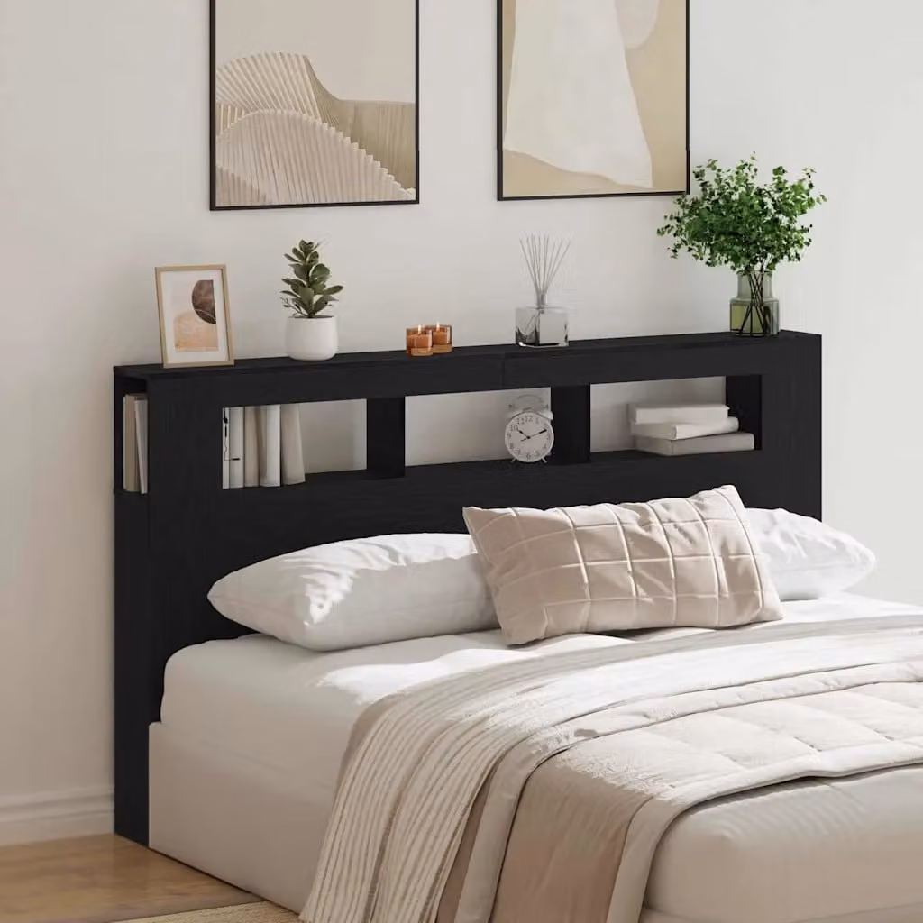 Testiera per letto con LED e porta USB vidaXL in rovere e nero, con mensola integrata, L: 180 cm, H: 103,5 cm, P: 18,5 cm