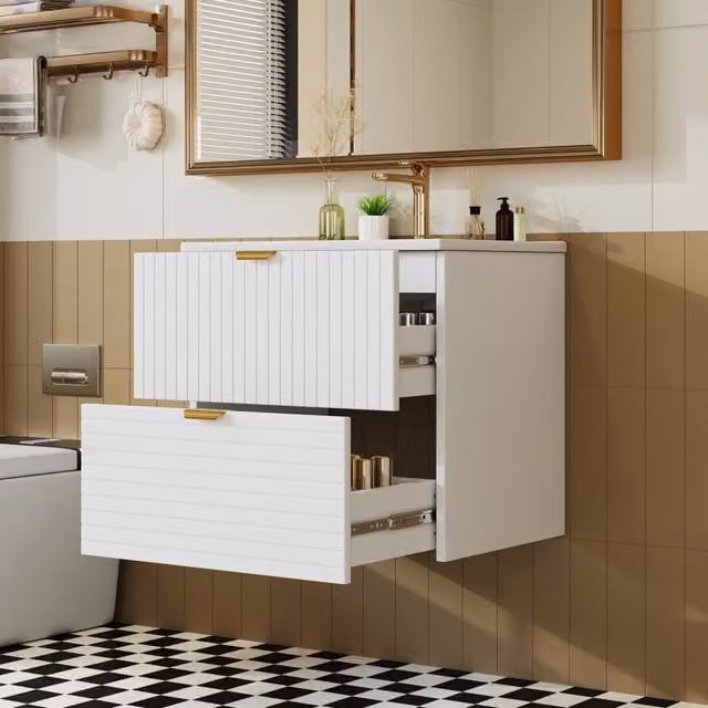 Mobile bagno sospeso con 2 cassetti e lavabo integrato per bagno in MDF e ceramica laccato bianco 61×46×57 cm