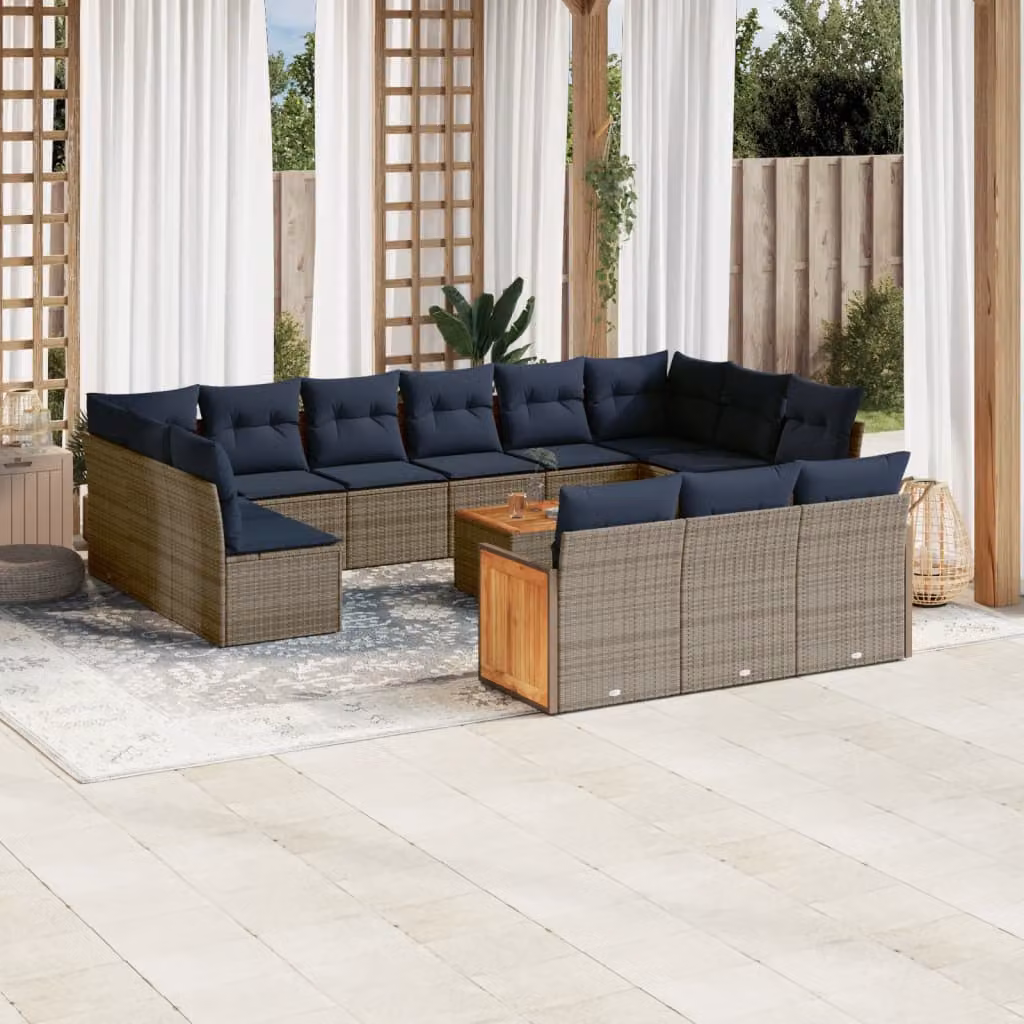 Set di divani da giardino vidaXL 16 pezzi in polyrattan e legno di acacia oliato con cuscini grigi e blu per esterno