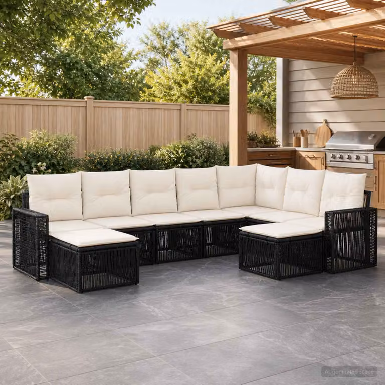 Set Divano da Giardino vidaXL 9 pz a Forma a L con Poltrona, Elementi Angolari e Ottoman, Colore Nero e Bianco Crema, Struttura in Metallo e Polyrattan con Cuscini Inclusi