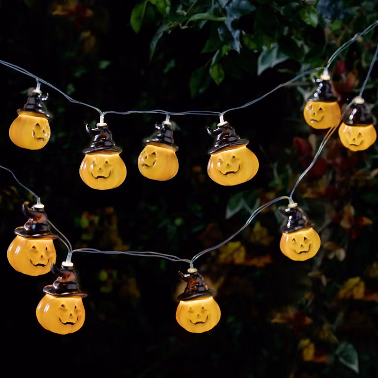 Catena luminosa a LED con zucche, lunghezza 4,5 metri, con timer, alimentata a batteria, ideale per Halloween