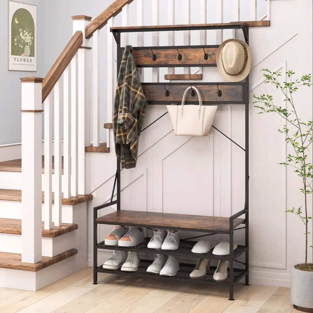 Appendiabiti a albero 4-in-1 Design Mania con 11 ganci e panca scarpiera a 2 ripiani, stile industriale, Marrone e Nero – 2