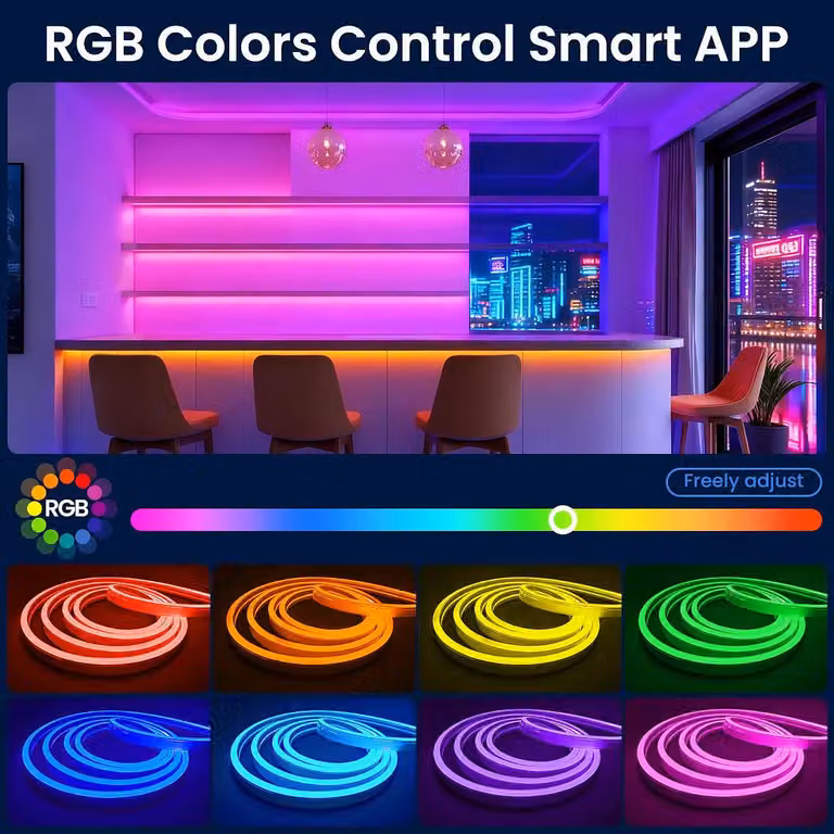 Tubo LED effetto neon - 20 metri di striscia LED - Controllo tramite app e telecomando - Sincronizzazione con la musica - Impermeabile - Flessibile - RGB - 24 V