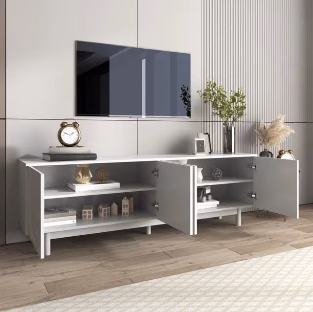 Mobile TV bianco moderno 175x38x56 cm con ripiani regolabili e design senza maniglie