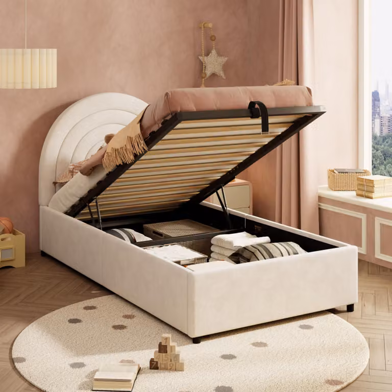 Letto imbottito idraulico Flieks 90x200cm, letto per bambini, letto per ragazzi con testiera a forma di arcobaleno, letto contenitore letto singolo in velluto, beige