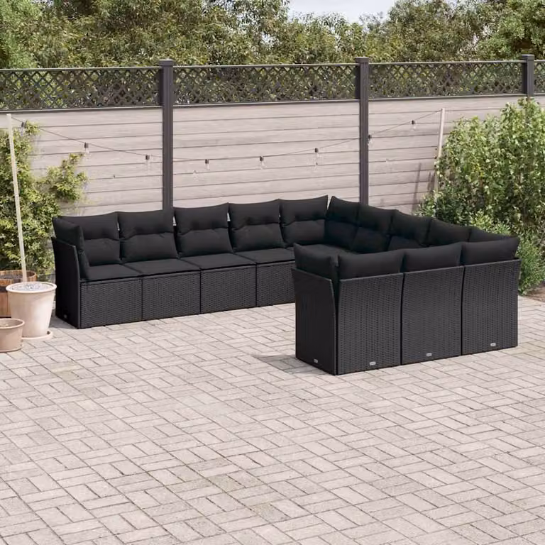 vidaXL Set Divani da Giardino a L 11 pz in Polyrattan Nero con Cuscini e Struttura in Acciaio