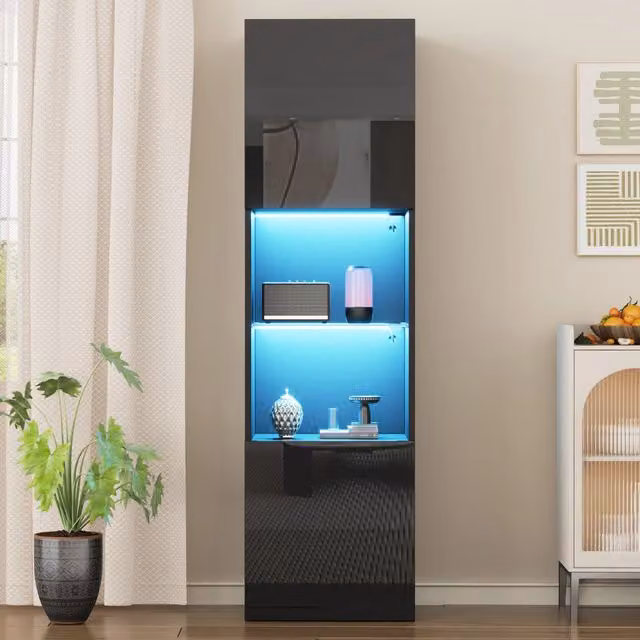 Vetrina alta nera lucida con LED, 45 x 35 x 160 cm, 1 ripiano in vetro temperato, struttura freestanding