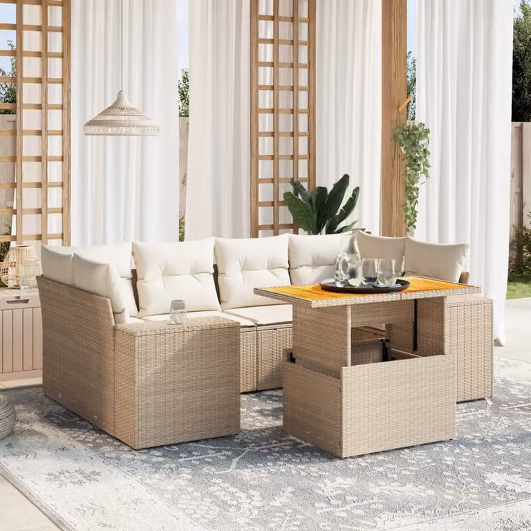 vidaXL Set Divani da Giardino 7 pz a Forma a L con Cuscini Beige e Tavolino, Struttura in Metallo e Legno di Acacia
