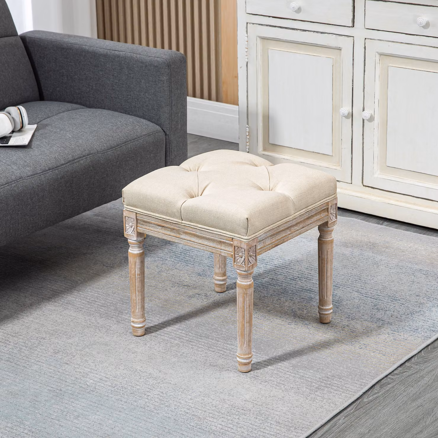 Poggiapiede HOMCOM per soggiorno con seduta imbottita in tessuto e piedi in legno di hevea, Beige, L 40 x P 40 x H 43 cm – 2