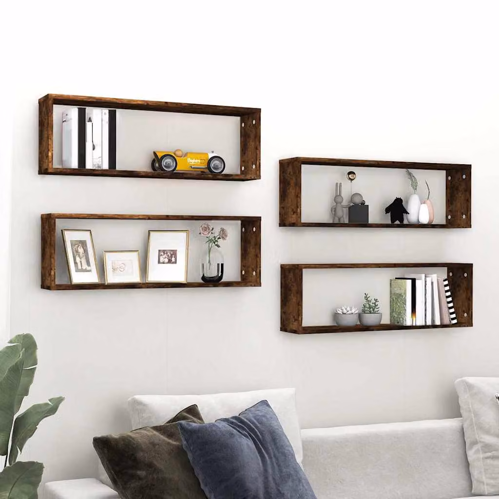 vidaXL Set di 4 Mensole a Cubo da Parete in Legno Rovere Fumo, Design Moderno, L 80 cm x P 15 cm x H 26,5 cm