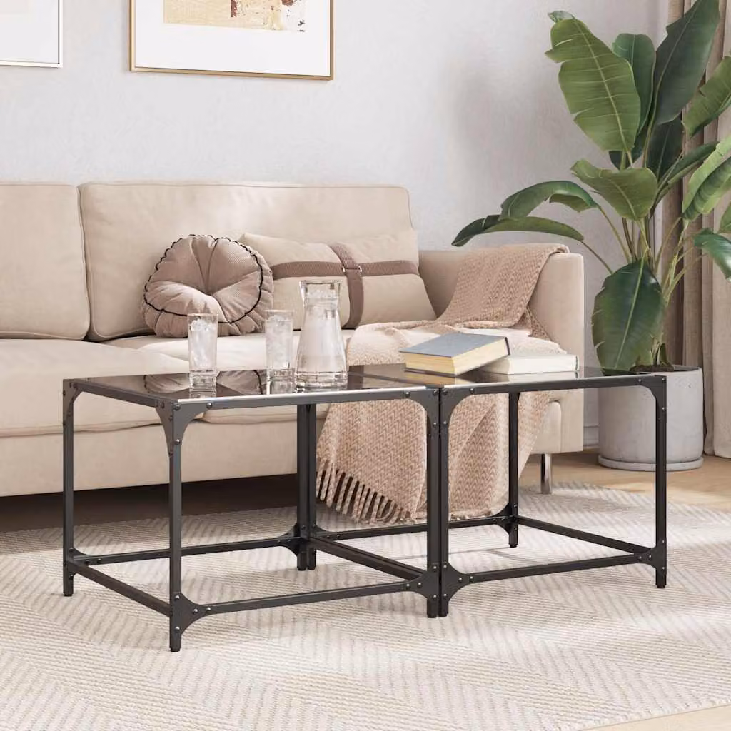 Set di 2 tavolini da salotto moderni vidaXL con piano in vetro nero e struttura in metallo, L/P/H: 50 x 50 x 40 cm