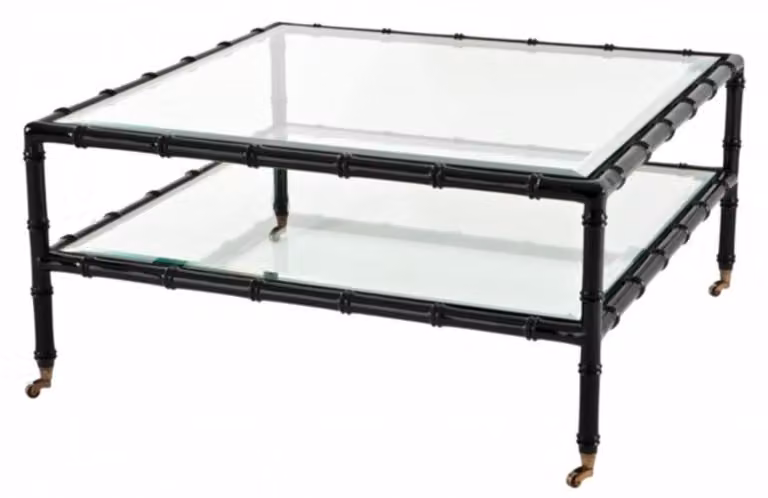 Tavolino da caffè in stile Art Déco marca Casa Padrino, realizzato in legno di teak con piano nero, dimensioni 89 x 89 x 43 cm di altezza