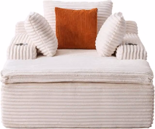 Divano letto senza struttura in tessuto di cotone beige con chaise longue e 3 cuscini
