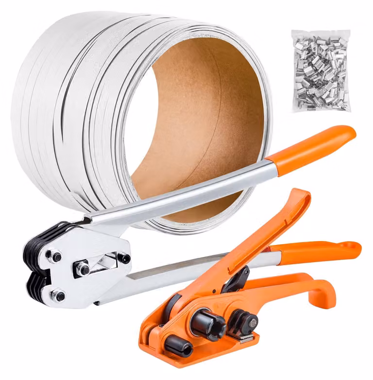 Kit di reggiatura, sigillatrice per reggiatura per impieghi gravosi con nastro in PP da 100 m di lunghezza, 100 sigilli metallici, kit di reggiatura manuale in plastica per imballaggio di pallet per magazzino/spedizione/traslochi/casa, arancione