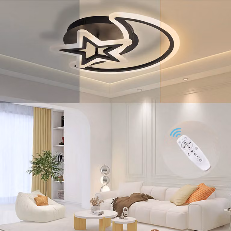 Lampada da soffitto a LED da 48 W, con stelle e luna, lampada da soffitto moderna 55×42×7 cm, telecomando, colore della luce e luminosità regolabili, per camera da letto, soggiorno, sala da pranzo