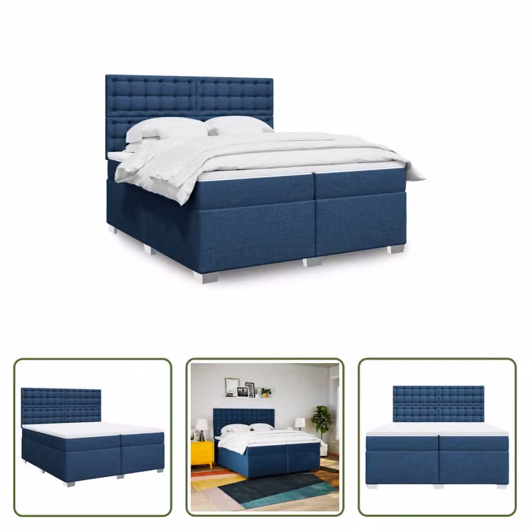 The Living Store Letto a molle con materasso blu 200x200 cm in tessuto