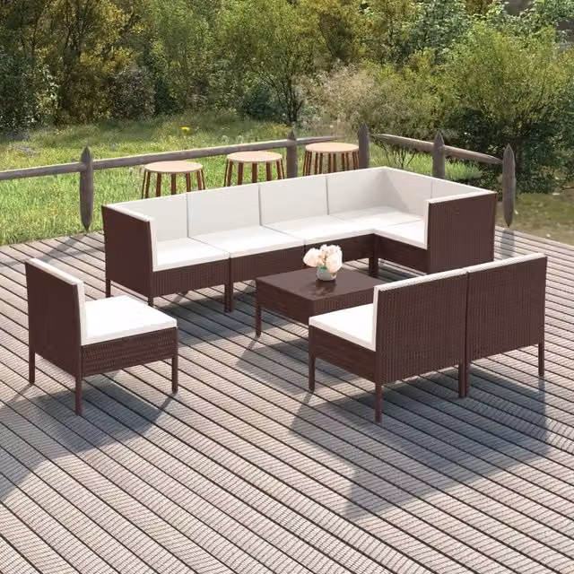 Set Divani da Giardino 9 pz con Cuscini in Polyrattan Marrone 3094399