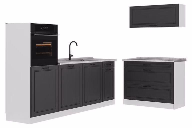Cucina componibile Vicco R-Line Antracite country/Bianco 220 cm piano di lavoro Marmo, Model 68140