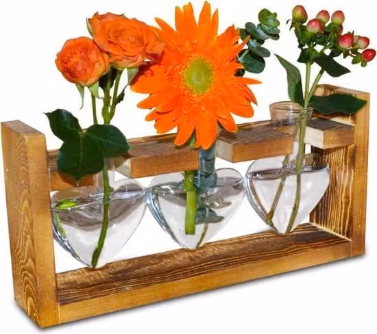 Terrario per idrocultura con cornice in legno vintage e vaso in vetro, 3 pezzi, marrone