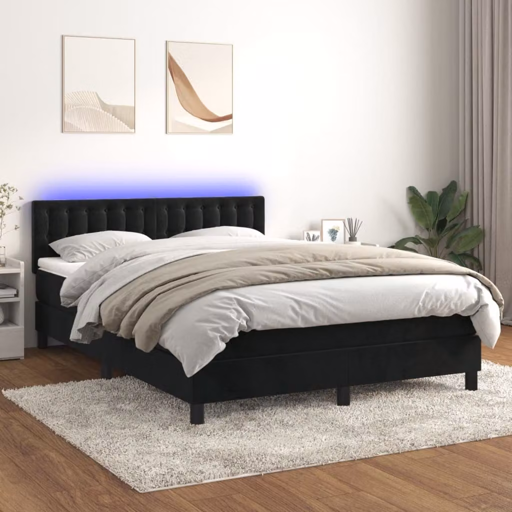 The Living Store Letto a molle con materasso e LED nero 140x200 cm in velluto