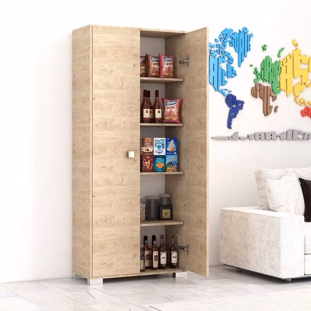 Armadio a 2 ante Clara Doomostore beige con ripiani per cucina, lavanderia o dispensa, L: 75 cm, P: 35 cm, H: 180 cm