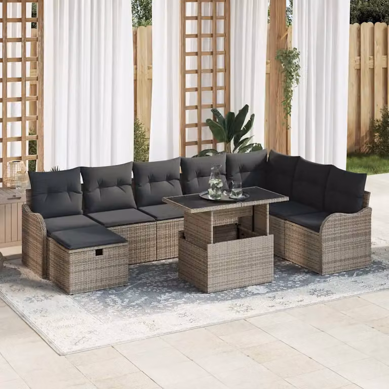 Set Divano da Giardino a L vidaXL in Polyrattan Grigio con Cuscini e Tavolino da 9 Pezzi