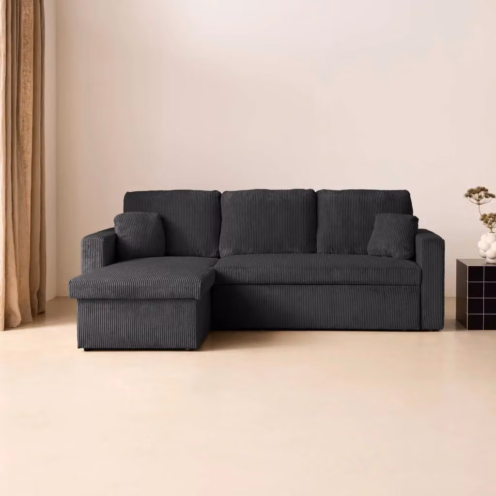 Divano letto angolare reversibile Sweeek in velluto e velluto a coste grigio con funzione letto e cuscini inclusi, L/P/H: 219 x 84 x 81 cm – 2