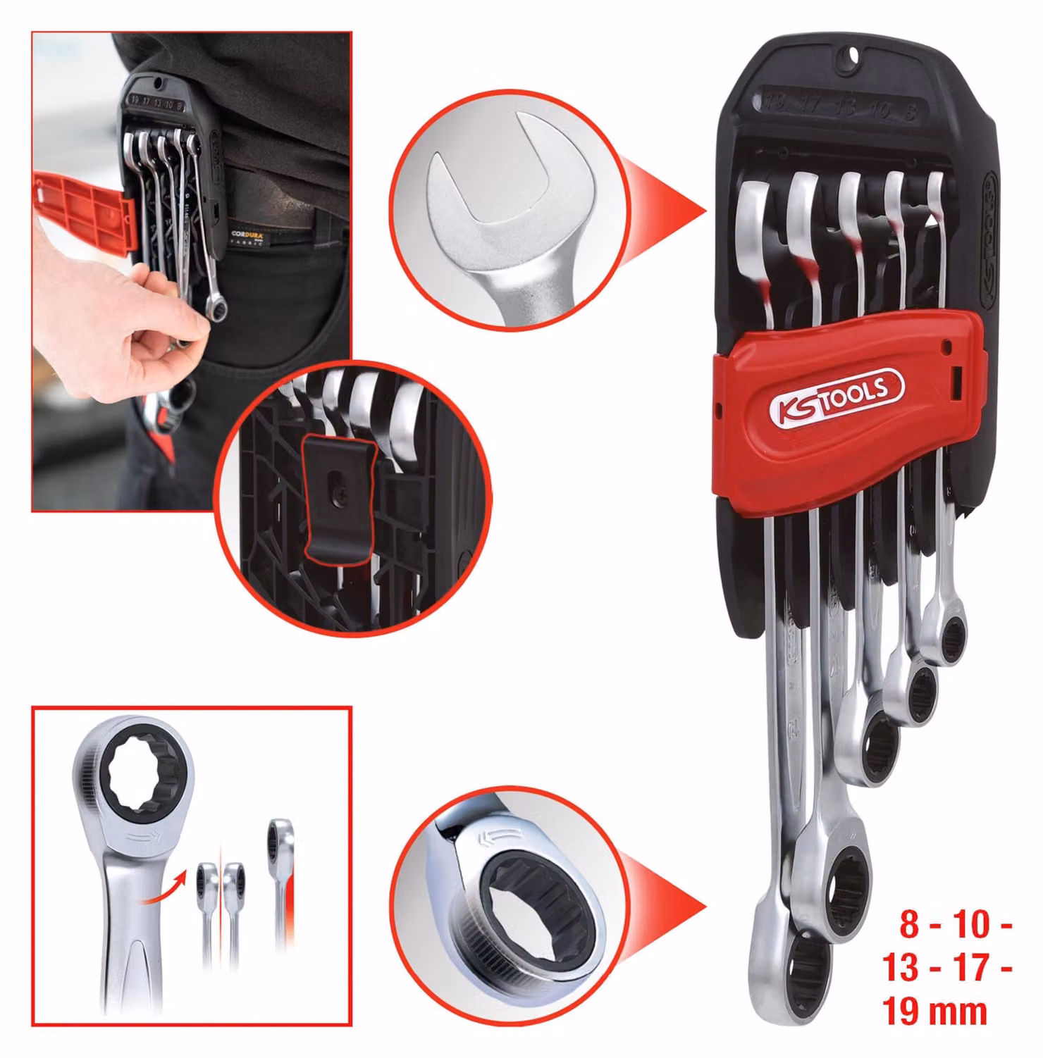 KS Tools GEARplus set di chiavi combinate a cricchetto, 5 pezzi 8-19 mm