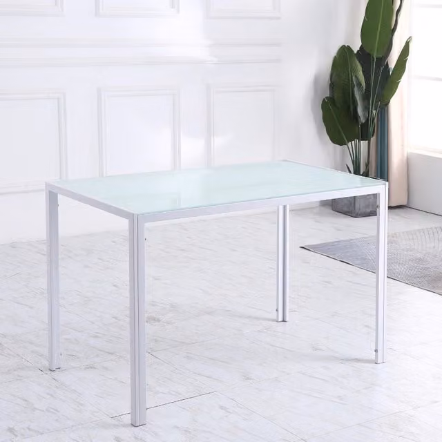 Desviae Tavolo da pranzo rettangolare per 4 persone con piano in vetro temperato e struttura in metallo bianco 120 × 60 × 75 cm
