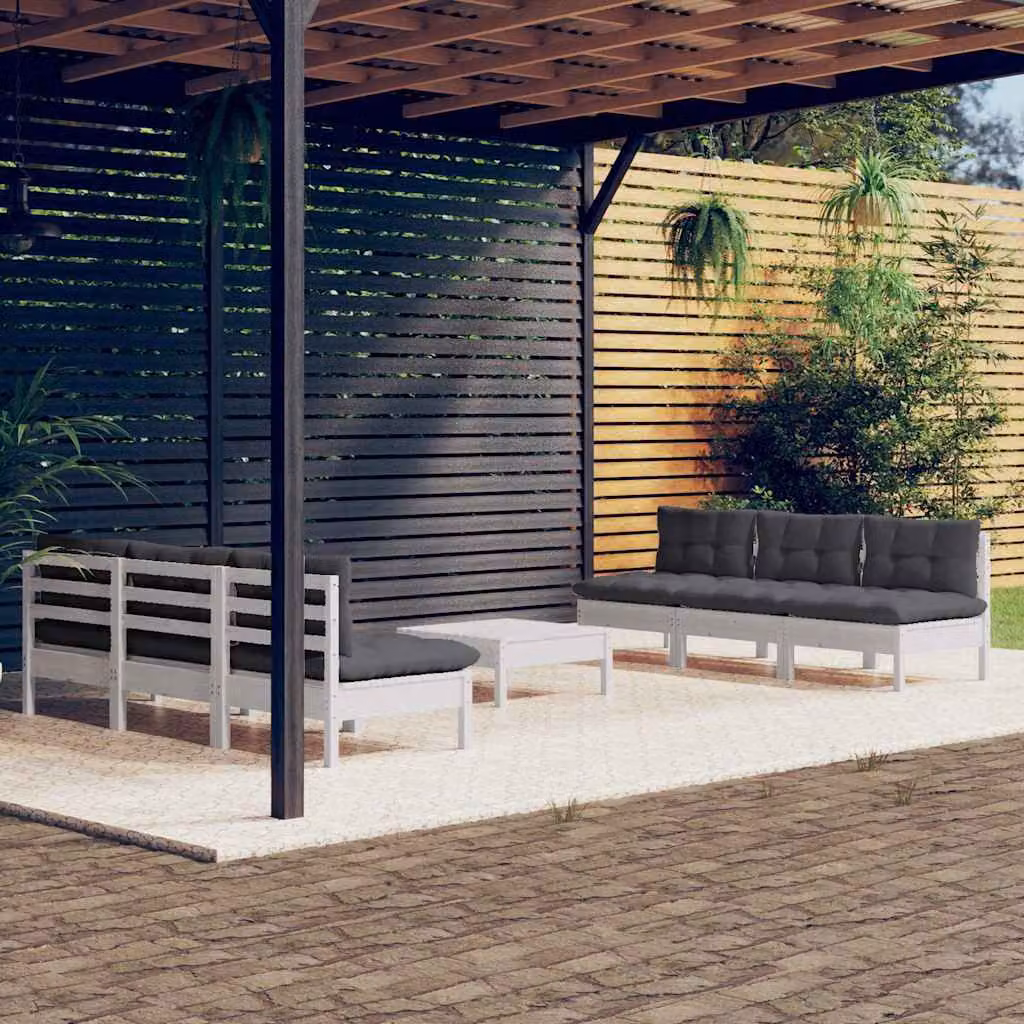 vidaXL Set Divani da Giardino 7 pz a Forma a L in Legno di Pino con Cuscini Antracite e Bianchi