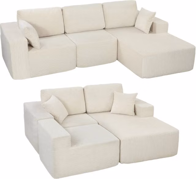Divano Angolare Letto 3 Posti ¨C Minimal ¨C Veluto Cr¨¨me 267cm