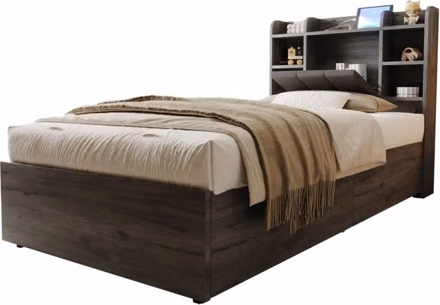 Letto contenitore 90x200cm con testiera portaoggetti; USB e USB-C; grigio