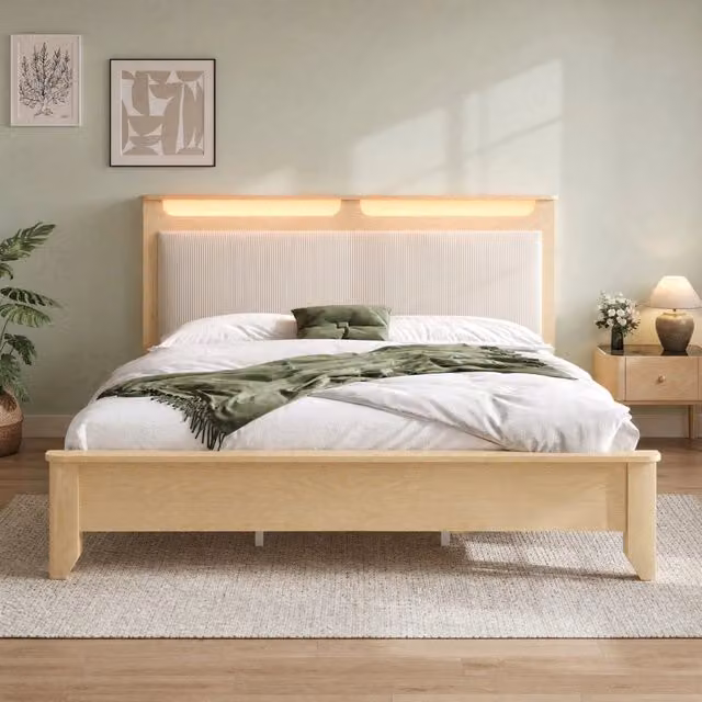 Letto matrimoniale 160x200 cm in legno e velluto a coste con LED e contenitore