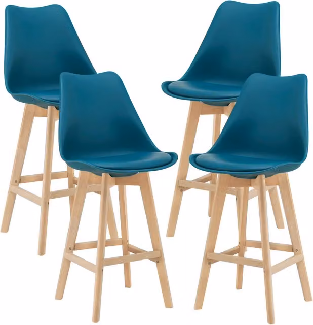 Set di 4 Sgabelli da Bar Lublin en.casa con Seduta Imbottita in Faux Leather e Gambe in Faggio - Turchese - H: 105 cm, L: 48 cm, P: 40 cm