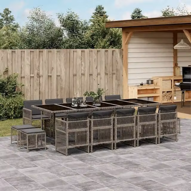 Set da Pranzo da Giardino 15 pz con Cuscini Grigio Polyrattan 3210992